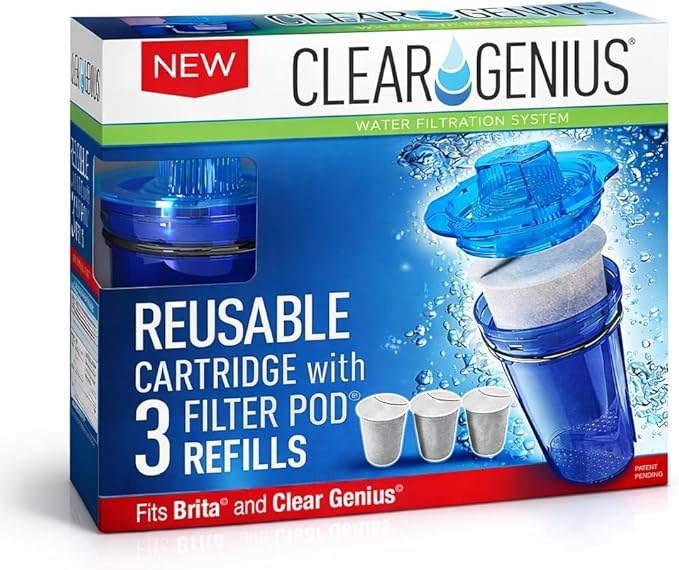 Reusable Water Filter Cartridge with 3 Filter Pod Refills, BPA-Free, Compatible with Brita, PUR, and Clear Genius Water Pitchers