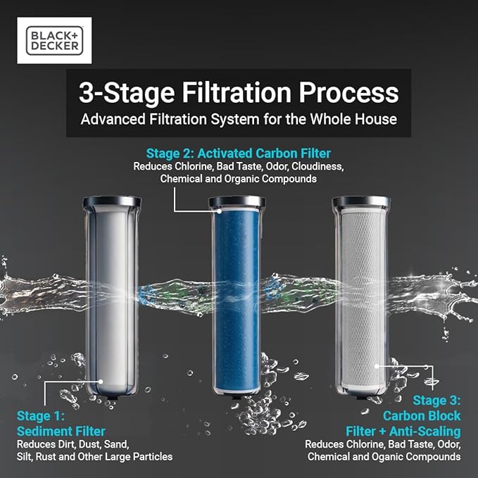 BLACK+DECKER Whole House Water Filter System | Anti-Scale | 3-Stage Filtration System for Whole House,Top-Tier Anti-Scale Filter Specially Designed to Prevent Scale Build-Up, Protects Appliances