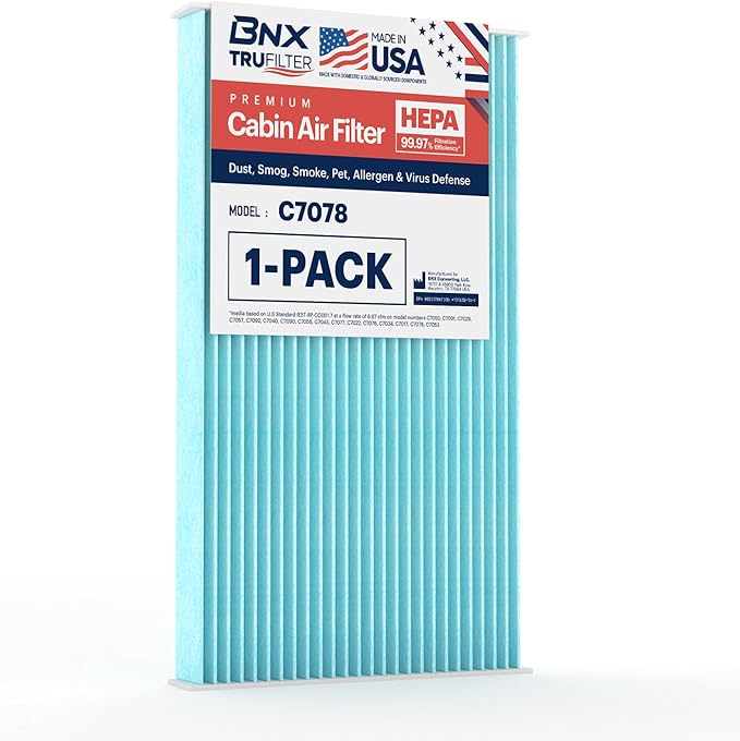 BNX TruFilter C7078 Cabin Air Filter, HEPA 99.97%, MADE IN USA, Compatible With Nissan: Sentra 2013-2019, Cube 2011-2017, Juke 2011-2017, Left 2011-2018