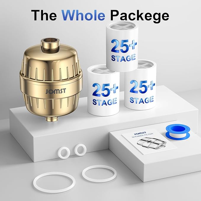 25 Stages Shower Filter with 3 Cores - Maximize Shower Sediment Filtration & Reduce 97.45% Chlorine in Shower Water - For Softer Skin & Shinier Hair - Gold