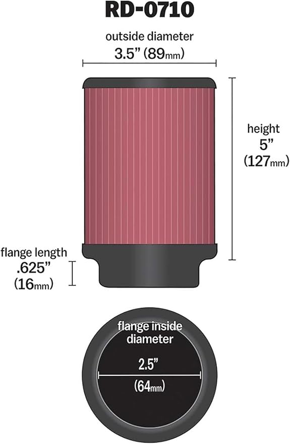 K&N High-Flow Original Lifetime Universal Clamp-On Air Filter: High Performance, Premium, Washable: Flange Diameter: 2.5 In, Filter Height: 5 In, Flange Length: 0.625 In, Shape: Round, RD-0710
