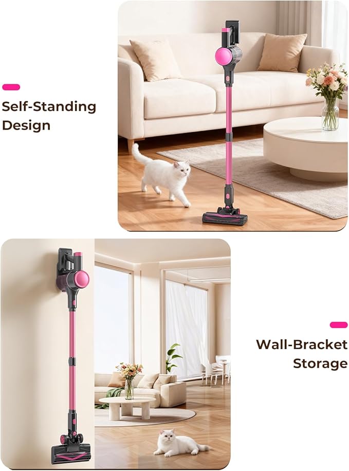 UML0 N8 Cordless Vacuum Cleaner,Lightweight Stick Vacuum with Powerful Suction,2200mAh Battery,40 Mins Runtime, Self-Standing,Rechargeable Vacuum Cleaners for Home Hardwood Floor Pet Hair (Blush)