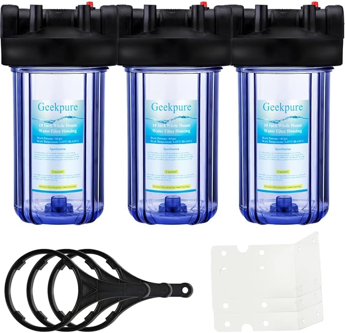 Geekpure 10 Inch Water Filter Housing for Whole House Water Filtration with Wrench Bracket -1" Port-Clear -4.5" x 10" Pack of 3