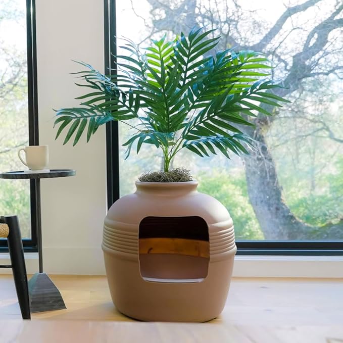Good Pet Stuff Hidden Litter Box Planter, Decorative Cat Litter Enclosure with Carbon Filter & Faux Plant, Made in USA, Removable Liner, Odor Control, NEW Round Style, Essentials Kit, Chestnut Brown