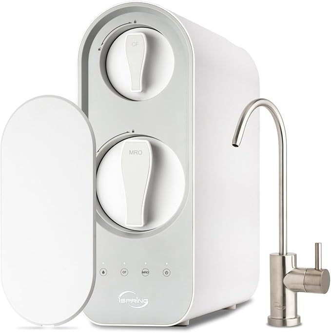 iSpring RO600BN Tankless Reverse Osmosis System Under Sink, 600 GPD Fast Flow RO System, 2.5:1 Pure to Drain Ratio RO Water Filter System, Brushed Nickel Faucet, White