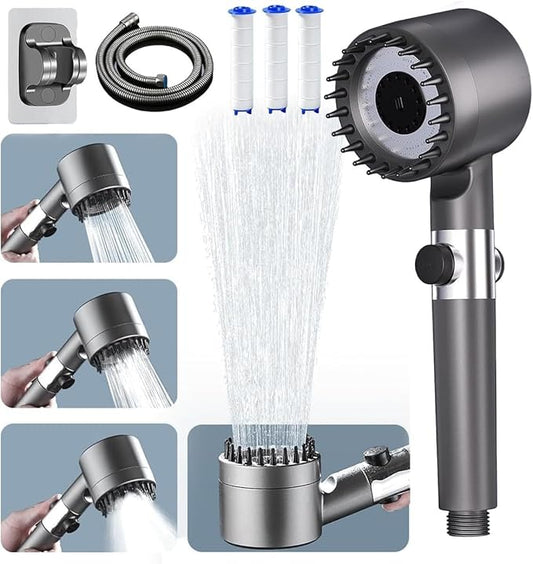 Filtered Shower Head with Handheld High Pressure 4Spray Mode Showerhead High Power Shower Head and Hose Set with 3FiltersWater for 4 Spray Modes & Pause Switch Gray