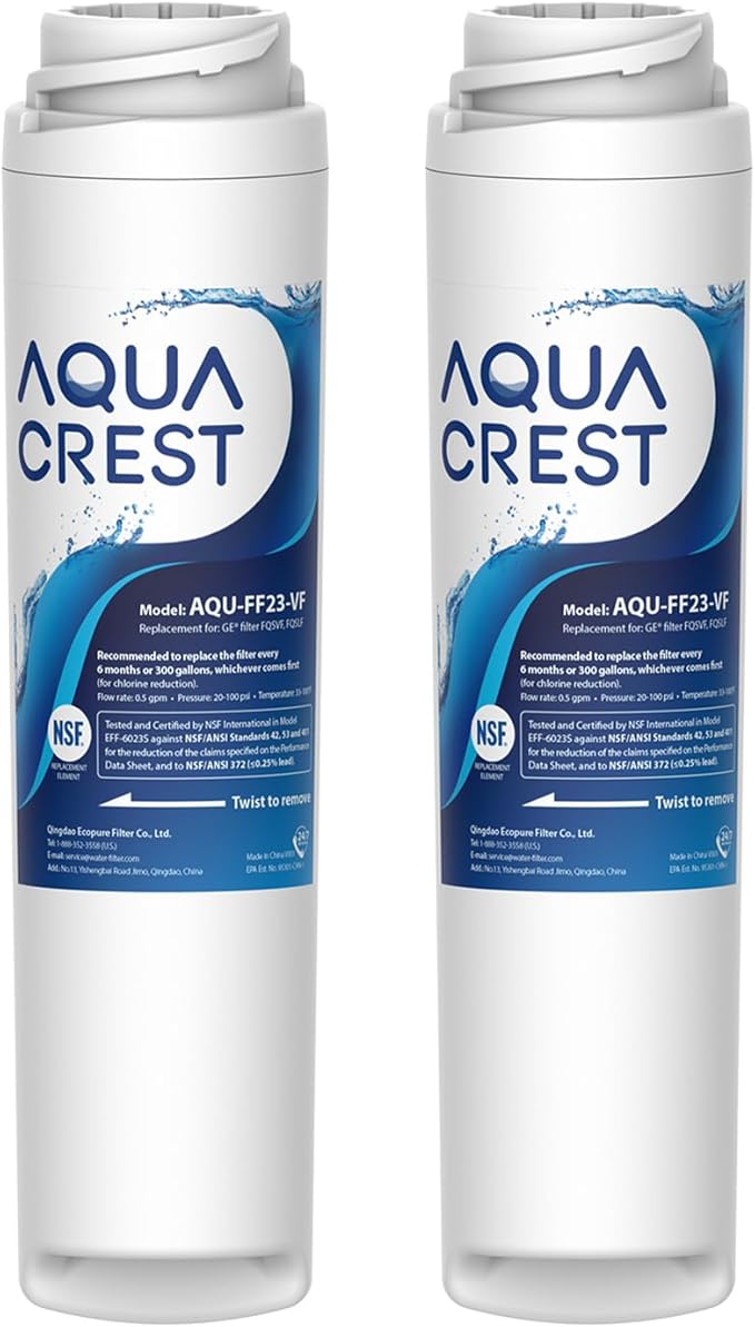 AQUA CREST FQSVF FQSVN Under Sink Water Filter, NSF/ANSI 401 Certified, Replacement for GE FQSVF, FQSVN, FQSLF, Compatible with GE GXSV65R, Reduces PFAS, PFOA/PFOS, Model No.AQU-FF23-VF, 2 Pack