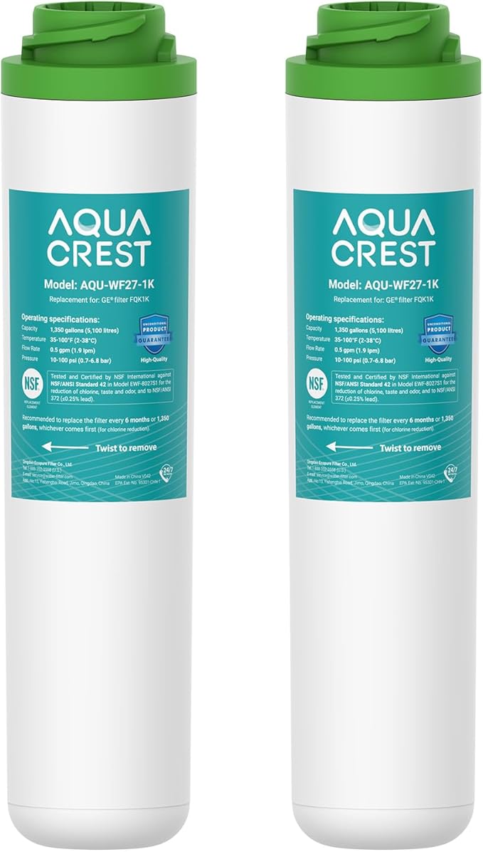 AQUA CREST FQK1K Under Sink Water Filter, Replacement for GE FQK1K, FQK2J, Compatible with GE GXK185K and GX1S50R, NSF/ANSI 42 372 Certified, Reduces Chlorine, Taste&Odor, 1350 Gallons, 2 Pack