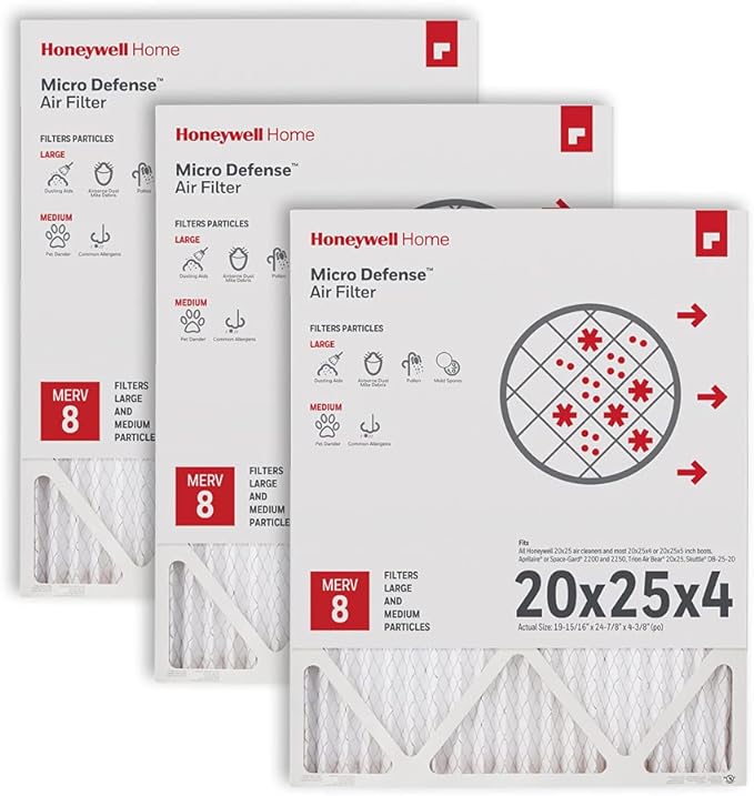 Honeywell Home 20x25x4 MERV 8, AC Furnace Air Filter, 3 PACK (CF100A1025-3PKAM) (Actual Dimensions: 19.94 x 24.87 x 4.38 in.)