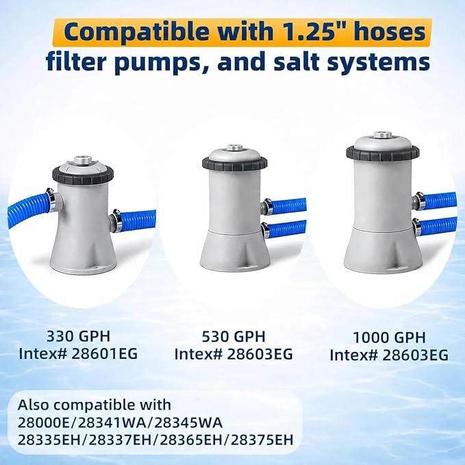 Replacement 1.25 Pool Hoses for Above Ground Pools, 59" Long Filter Pump Hose, 3 Pack Pool Pump Hose with 6 Metal Clamps (Blue)
