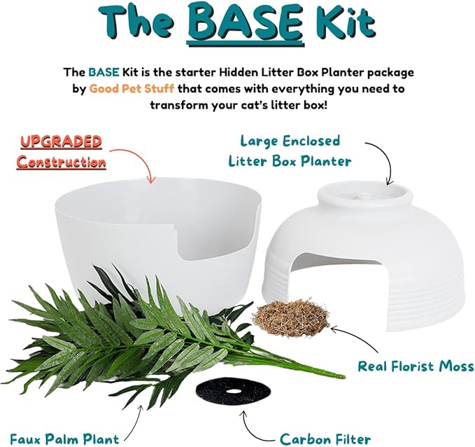 Good Pet Stuff Hidden Litter Box Planter, Decorative Cat Litter Enclosure with Carbon Filter & Faux Plant, Made in USA, Odor Control, Improved Design, NEW Round Style, Base Kit, Classic White