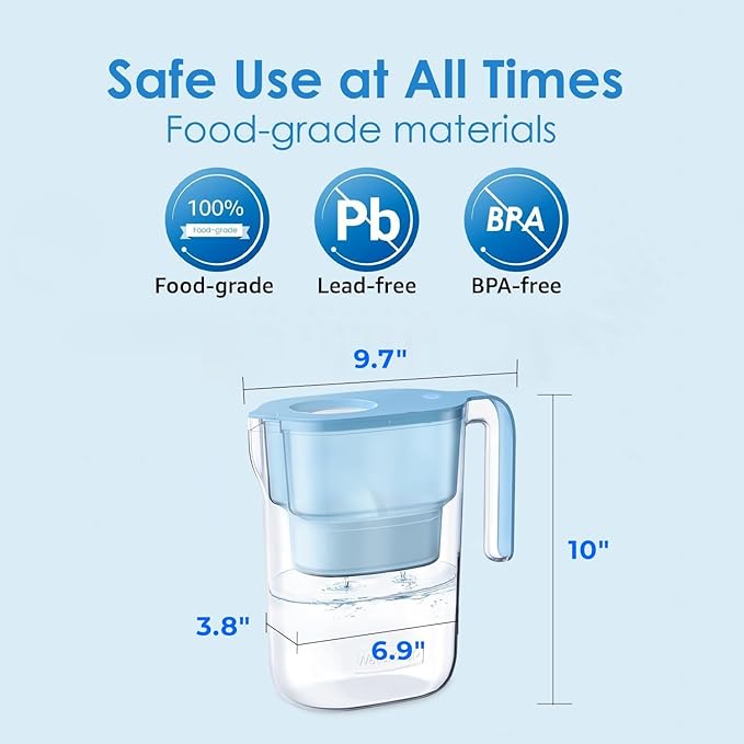 Waterdrop PT-05B Water Filter Pitcher with 3 Filters, 7-Cup Capacity, NSF Certified, 5X Longer Filter Life, Up to 600 Gallons, Fridge-Friendly Design, Reduces PFOA/PFOS and Chlorine, Blue