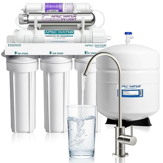 APEC Water WQA Certified 7-Stage Reverse Osmosis Drinking Water Filter System with Alkaline Mineral pH+ Remineralization and UV Water Filter, Ultra Safe Removes 1K+ Impurities, Brushed Nickel, 75 GPD