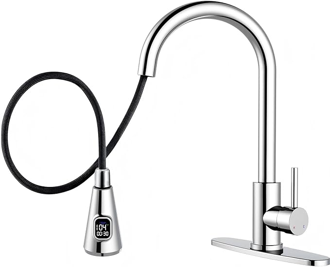 HOMELODY LED Temperature Display Kitchen Faucet with Pull Down Sprayer - Polished Chrome Single Handle Faucet for Kitchen Sink, High Arc Stainless Steel Design for RV Laundry Farmhouse Bar