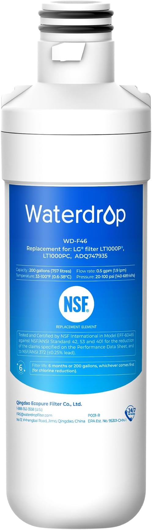 Waterdrop LT1000PC ADQ747935 MDJ64844601 NSF Certified Refrigerator Water Filter, Replacement for LG® LT1000P®, ADQ74793501, ADQ74793502, 46-9980, 9980, LFXC24796S, LSFXC2496D