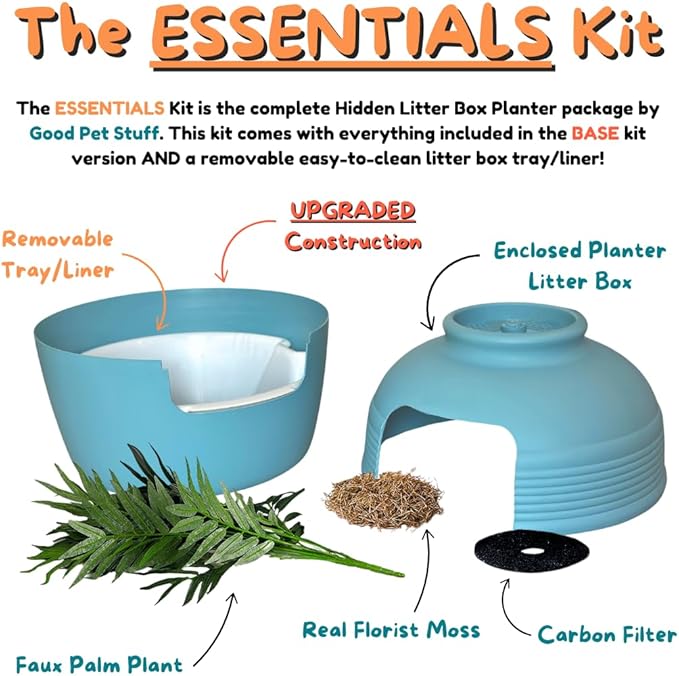 Good Pet Stuff Hidden Litter Box Planter, Decorative Cat Litter Enclosure with Carbon Filter & Faux Plant, Made in USA, Removable Liner, Odor Control, NEW Round Style, Essentials Kit, Coastal Blue