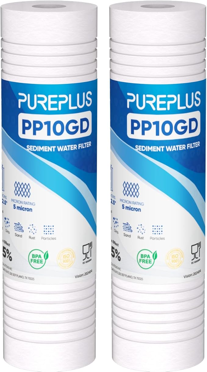 PUREPLUS 5 Micron 10" x 2.5" Whole House Grooved Sediment Home Water Filter, Replacement Cartridge for 10 inch RO Pre-Filter & RV Housing, AO-WH-PREV-R2, AP110, WHKF-G05,AB-SGR5M, GXWH20S,CFS10, 2Pack