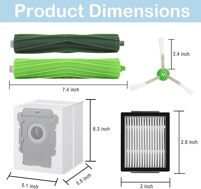 19 Pack of replacement parts, Suitable for iRobot Roombai3 i3+ i7 i7+ i4+ i5 i5+ j5 j5+ i6 i6+ i8 i8+ i2 J7 E5 i&E&J series vacuum cleaner, 1 Set Rubber Brushes 6 filters, 6 edge brushes, 4 dust bags