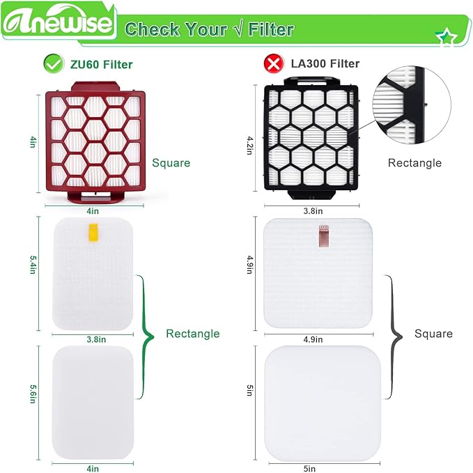 Anewise ZU55 Filter Replacement for Shark Navigator Pet Pro Plus ZU102 NV181 NV150 NV151 ZU51 ZU81 Rotator NV255 Zero-M ZU60 ZU62 Upright Vacuum, Part # 1238FT60 & 1239FT60, 2 + 6 Foam &Felt Filters