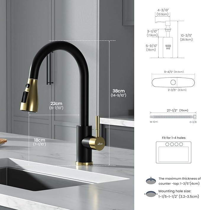 APPASO Black and Gold Kitchen Faucet, CUPC-Certified Hoses, Lead-Free Sink Faucets with Soap Dispenser and Pull Down Sprayer 3 Modes, High Arch Faucet with Deck Plate for 1 to 4 Holes Sink