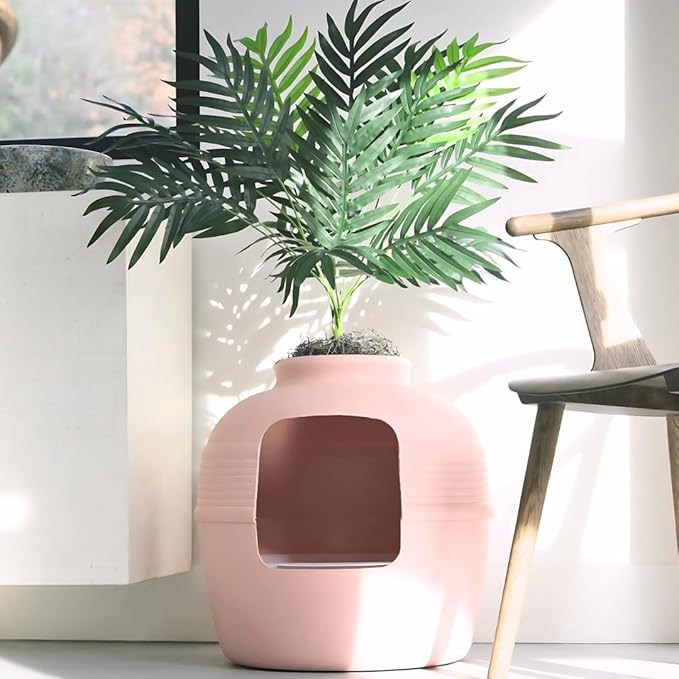 Good Pet Stuff Hidden Litter Box Planter, Decorative Cat Litter Enclosure with Carbon Filter & Faux Plant, Made in USA, Removable Liner, Odor Control, NEW Round Style, Essentials Kit, Blush Pink