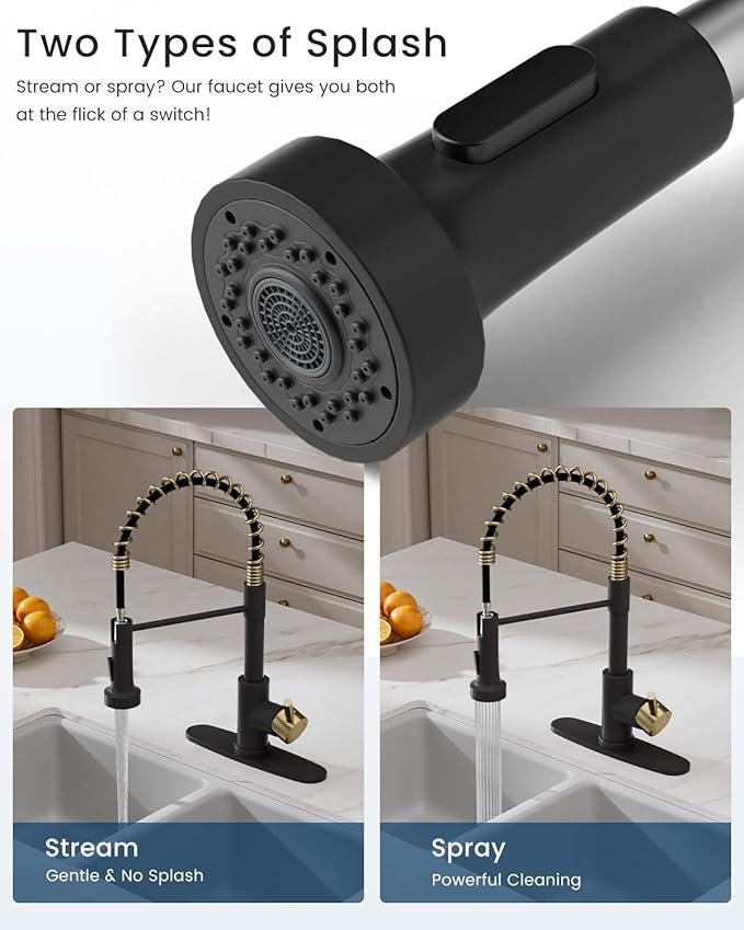 APPASO Black and Gold Kitchen Faucet with Soap Dispenser, Pull Down Kitchen Faucet Commercial Single Handle High Arc Tap, cUPC-Certified Pull-Out Hose, Water Supplies and Valve Core