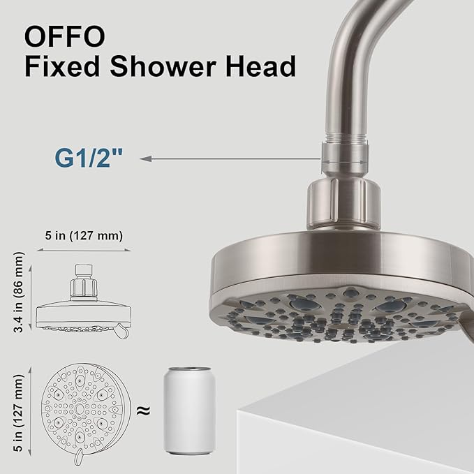 OFFO Shower Head, High Pressure Shower Head with Pause Mode, 9 Mode Fixed Showerheads for Strong Water Flow & Relaxing Shower Experience, Brushed Nickel