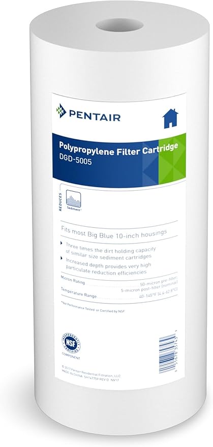 Pentair Pentek DGD-5005 Big Blue Water Filter, 10-Inch Whole House Sediment Filter Cartridge Replacement, Dual-Gradient Density Spun Polypropylene, 10" x 4.5", 5 Micron, Pack of 8