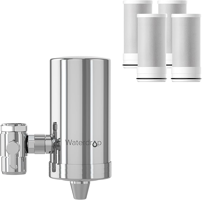 Waterdrop FC-06 Water Filter for Sink Faucet, 360° Rotating Stainless Steel, NSF Certified Water Purifier for Kitchen Sink, Reduce Chlorine, 12 Months Long Lasting Tap Faucet, 4 Filters