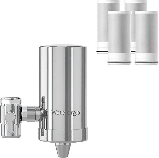 Waterdrop FC-06 Water Filter for Sink Faucet, 360° Rotating Stainless Steel, NSF Certified Water Purifier for Kitchen Sink, Reduce Chlorine, 12 Months Long Lasting Tap Faucet, 4 Filters