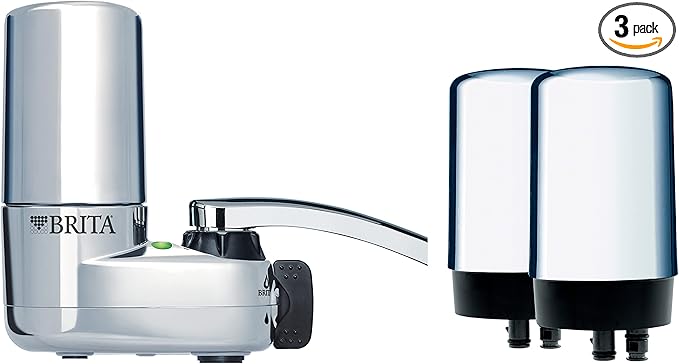 Brita Water Filter for Sink, Faucet Mount Water Filtration System for Tap Water with 3 Replacement Filters, Reduces 99% of Lead, Chrome