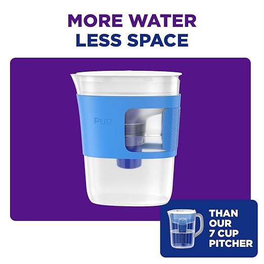 PUR Slim Water Filter Pitcher, 8-Cup Capacity, Compact Design for Dorms & Mini Fridges, Dishwasher Safe, Fast Filtration, Includes 1 Filter for Cleaner Great-Tasting Drinking Water Filtration, Violet