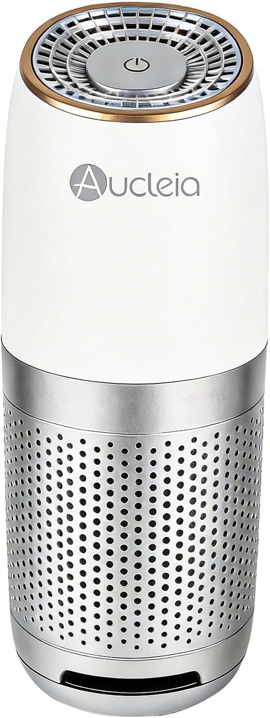 Aucleia Mini Portable Air Purifier with True H13 HEPA Filter, Car Air Purifier for Travel and Office to Remove Pet Hair and Odor Smoke Dust and Pollen, Aromatherapy Function White Gray