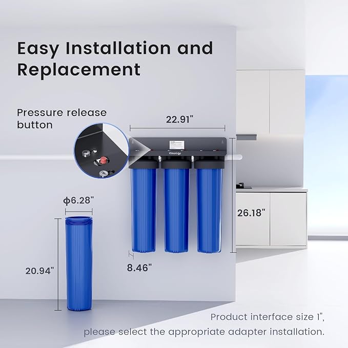 Waterdrop 3-Stage Whole House Water Filter System,with Carbon Filter&Sediment Filter,7-Stage Filtration Highly Reduce Lead,Chlorine,Odor and Taste,5 Micron WHF3T-PG,1" Inlet/Outlet
