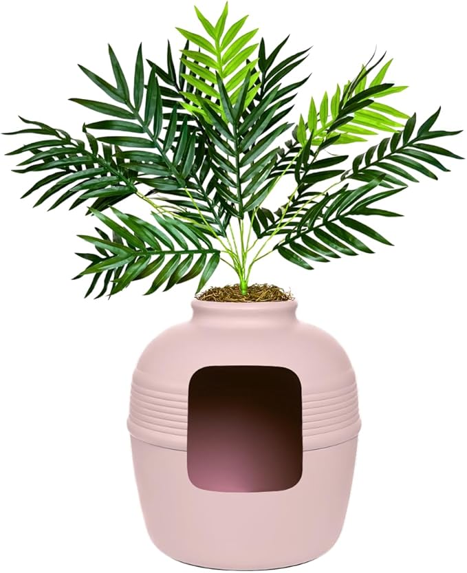 Good Pet Stuff Hidden Litter Box Planter, Decorative Cat Litter Enclosure with Carbon Filter & Faux Plant, Made in USA, Odor Control, Improved Design, NEW Round Style, Base Kit, Blush Pink