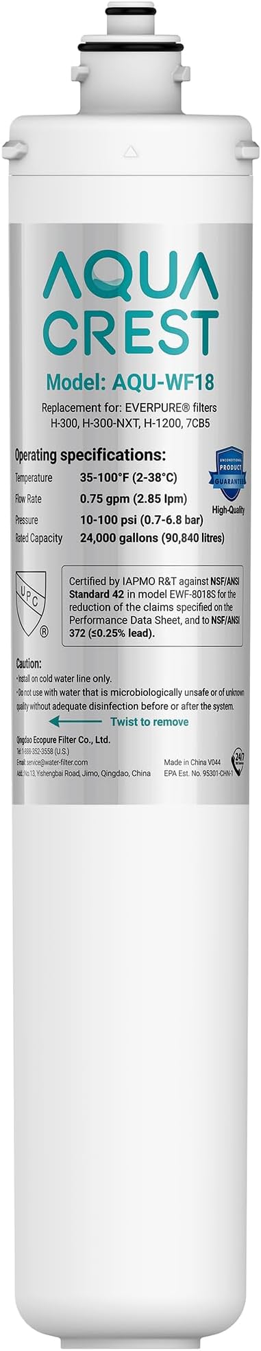 AQUA CREST H-300 Under Sink Water Filter, Replacement for Everpure H-300, H-300-NXT, 7CB5, EV9270-71, EV9270-72, EV9618-11, EV9855-50, EV9282-01, NSF/ANSI 42 Certified, 24000 Gallons
