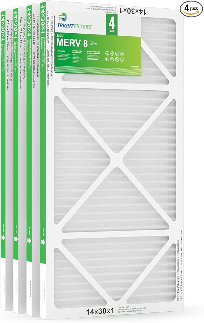 TRIGHTFILTERS 14x30x1 Air Filter 4 Pack, MERV 8 Pleated Dust Defense Air Filters Replacement Air Conditioner HVAC AC Furnace Filter, Durable and Lightweight
