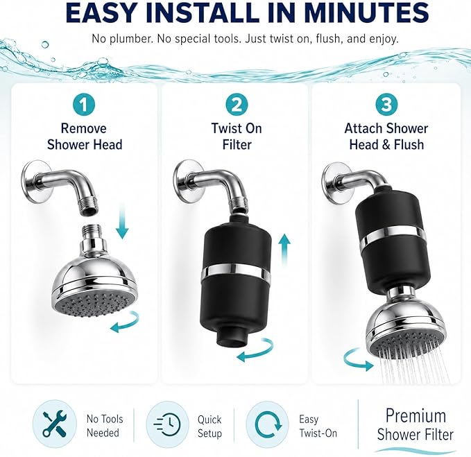 Crystal Quest Shower Filter, Shower Head Filter for Hard Water, Shower Water Filter Removes Chlorine, chloramines & VOCs, Filter Shower Head, Improves Skin & Hair, Long-Lasting - ISO Certified, Black