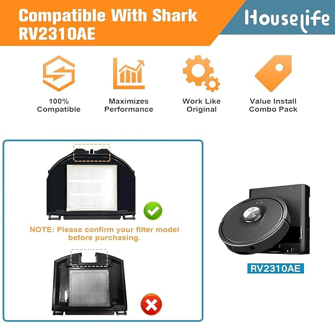 Replacement Parts Kit Compatible with Shark AV2310AE RV2310AE Matrix Robot Vacuum(Not for RV2300/RV2310), 1 Main Brush Roller, 6 Side Brushes, 2 Dustbin Filters, 2 Foam Filters and 1 Cleaning Tool