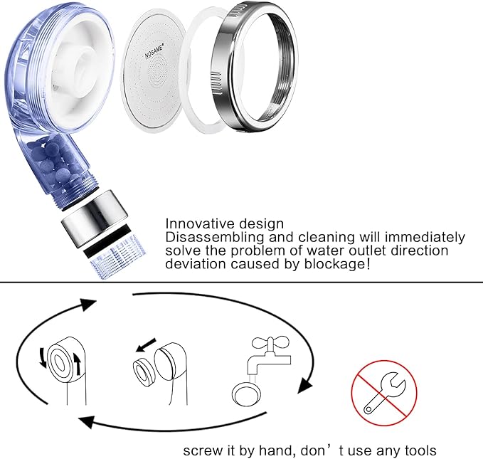 Nosame Shower Head with Hose and Bracket, Filter Filtration High Pressure Water Saving 3 Mode Function Spray Handheld Showerheads for Dry Skin & Hair
