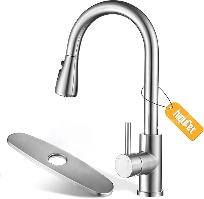 Hiqufet Kitchen Sink Faucet with Pull Down Sprayer with Deck Plate, Brushed Nickel High ArcFaucet, Stainless Steel Modern RV Bar Sink Faucets for Pot Filler, Farmhouse Camper Bar Laundry Room