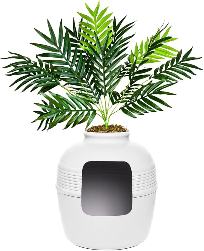 Good Pet Stuff Hidden Litter Box Planter, Decorative Cat Litter Enclosure with Carbon Filter & Faux Plant, Made in USA, Odor Control, Improved Design, NEW Round Style, Base Kit, Classic White