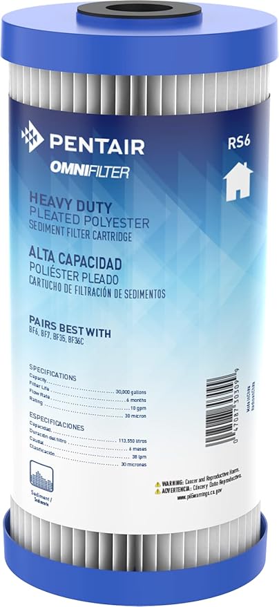 Pentair OMNIFilter RS6 Sediment Water Filter, 10" Whole House Heavy Duty Big Blue Pleated Replacement Cartridge, 10" x 4.5"