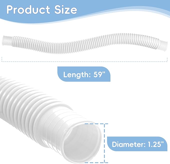 Replacement 1.25 Pool Hoses for Above Ground Pools, 1 1/4" x 59" Long, 2 Pack with 2 Hose Holders and 4 Metal Clamps (White)