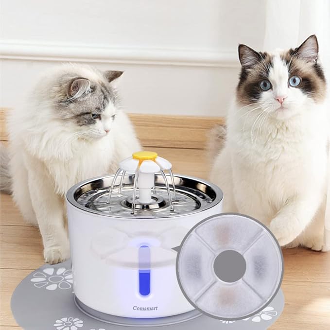 Comsmart Pet Fountain Filter Set, 3 Triple Filtration System Replacement Cat Water Fountain Filters for Round 81oz/2.4L Automatic Pet Fountain Cat Water Fountain (Pack of 8)