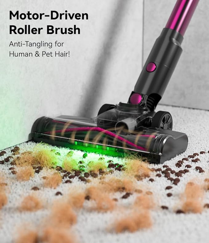 Cordless Vacuum Cleaner for Home,600W 40000PA 70Mins, Self-Standing,Powerful Suction Anti-Tangle Long&Pet Hair, Easily Picks Up Hard/Soft Debris for All Surfaces:Hardwood Floors,Tile,Carpet (Fuchsia)