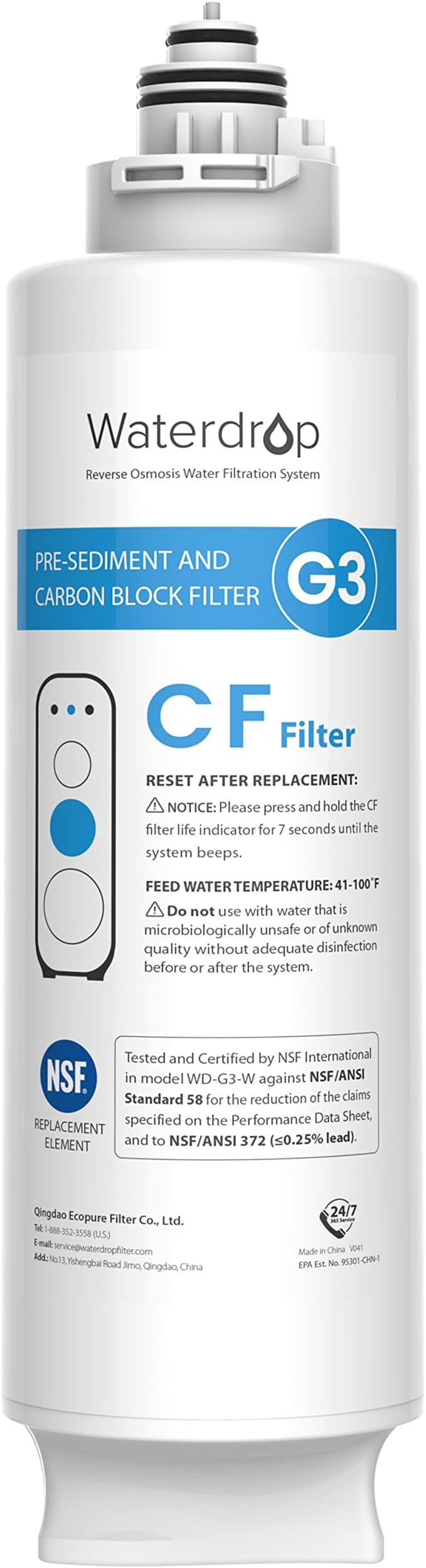 Waterdrop G3-N1CF Filter, Replacement for Waterdrop G3-W & G3P600 & G3P800 Reverse Osmosis System, 6-month Lifetime