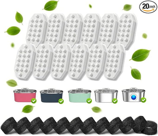 40 Pcs Cat Water Fountain Filters,20 Pack Cat Water Fountain Replacement Filters & 20 Pack Pre-Filter Sponges,Pet Fountain Filter Replacement for 3.2L/108oz Stainless Steel Fountain