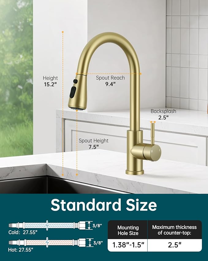 Hiqufet Brushed Gold Kitchen Faucet with Pull Down Sprayer, High Arc Faucet, Stainless Steel Modern RV Bar Sink Faucets for Pot Filler, Farmhouse Camper Bar Laundry, RV Bathroom