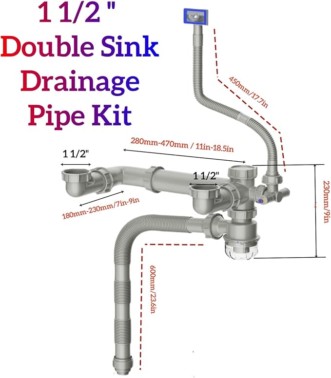Double Sink Drain Kit Space Saving Kitchen Sink Drain Kit Expandable Flexible 1 1/2" P-Trap Pipe Comes with 4-Way Fitting Adapter for Water Filter and Dishwasher